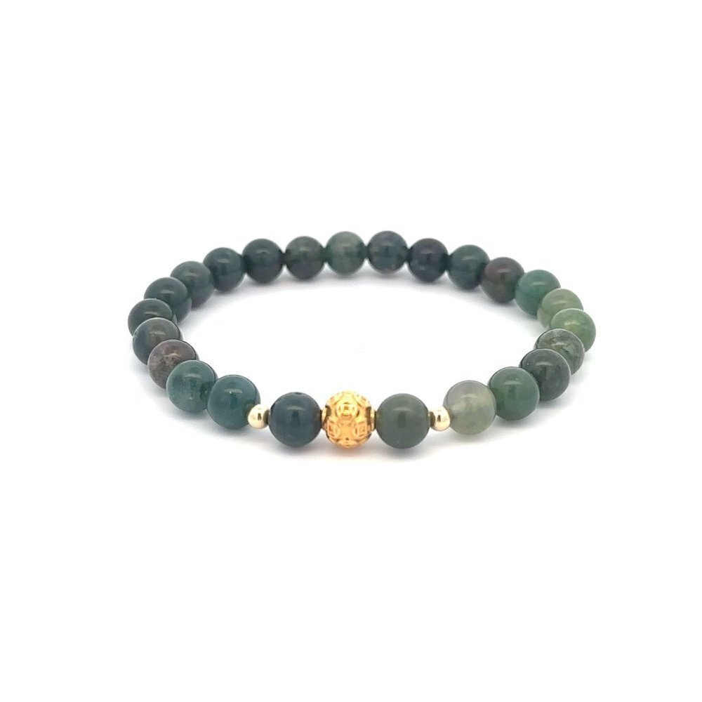 18K Gold Money Ball Lucky Charm Beads Bracelet Gemstones Moss Agate 6mm